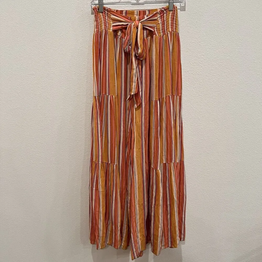 Angie Women’s Wide Leg Pants Orange Stripe Sz S Waist Tie Boho Festival Prairie - Picture 2 of 9